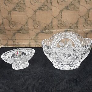 MCM crystal candy bowl with etched bird  and small trinket dish with etched bird